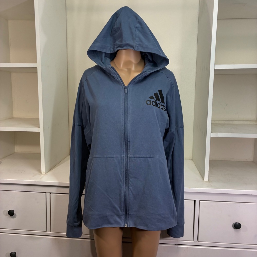 Adidas Womens Blue Full Zip Hoodie Logo Three Stripe Activewear Jacket Large